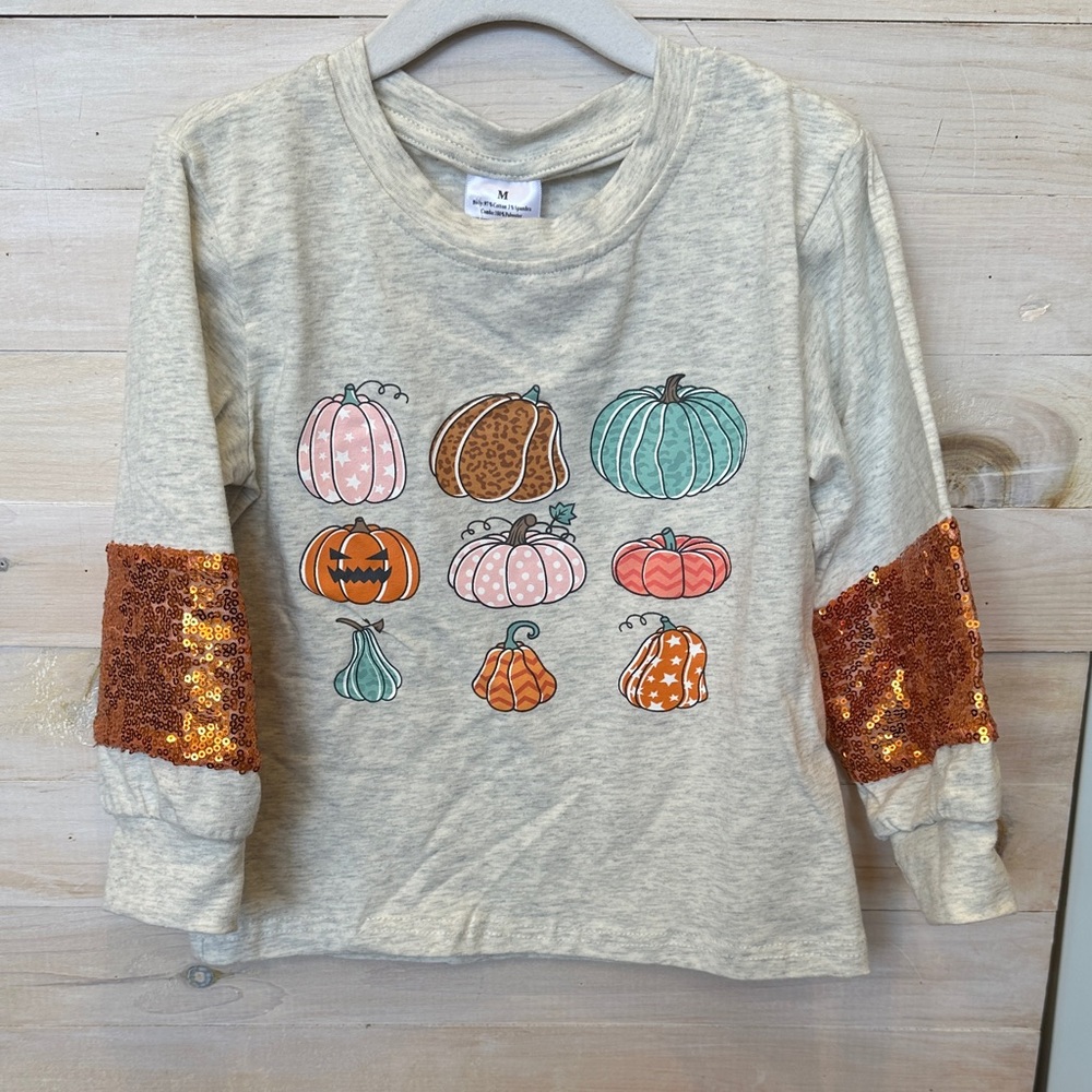 Kids Pumpkin Graphic Long Sleeve Shirt with Sequin Sleeves